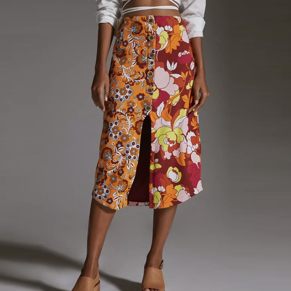 NWT Anthropologie Maeve Button Front Cut Out Midi Skirt Small Retro Floral